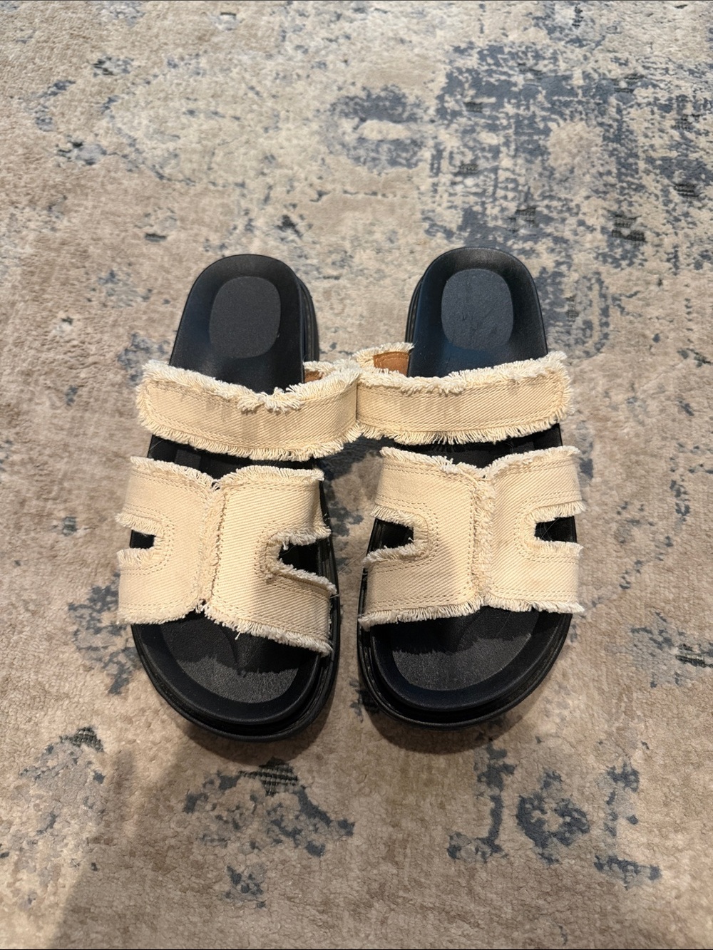 Women’s Beige Frayed Double-Strap H Slide Sandals